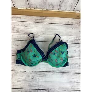 Aerie Women Sticky Katie Bra Sz 34D Green Blue Floral Lace Trim Adjustable Strap